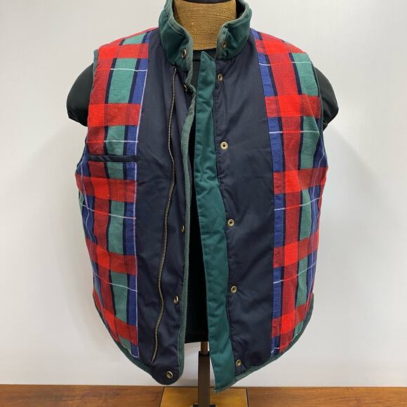 Vintage Gulliver's Navy Blue Diamond Quilted Vest Men's L Red Plaid Lining Snaps - Picture 9 of 12
